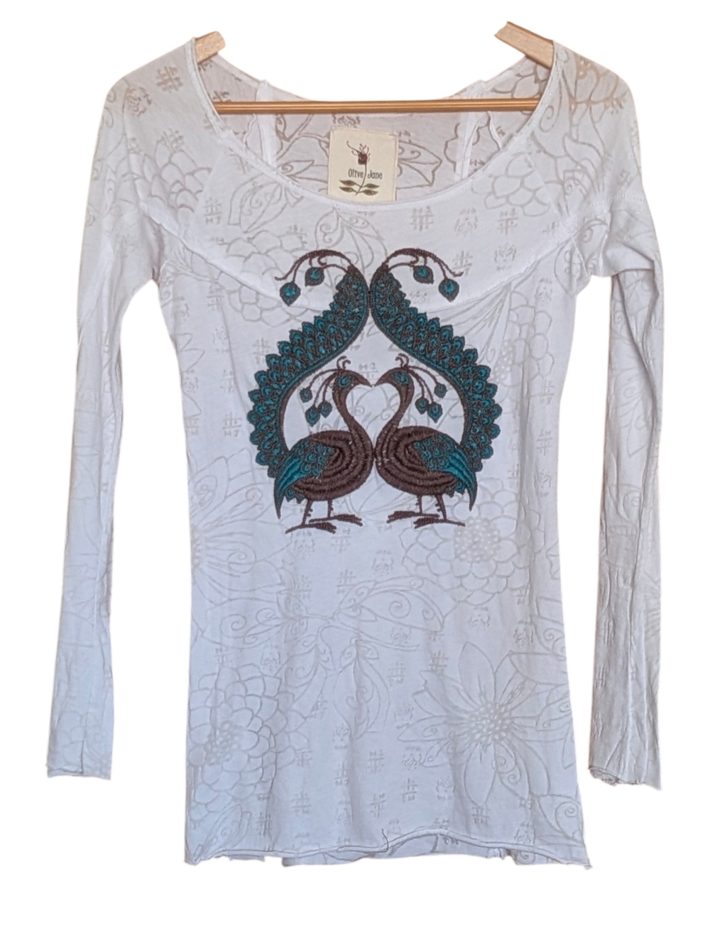Olive Jane White Semi-sheer Long-Sleeve Tee with Peacock Embroidery S Bohemian